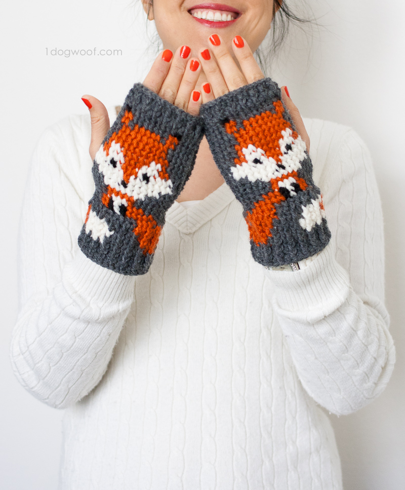 fox themed crochet handwarmers