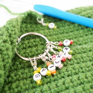 close-up of colorful crochet size markers on a binder ring