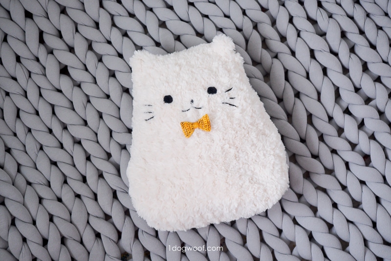 毛绒猫枕头在厚实的毯子上