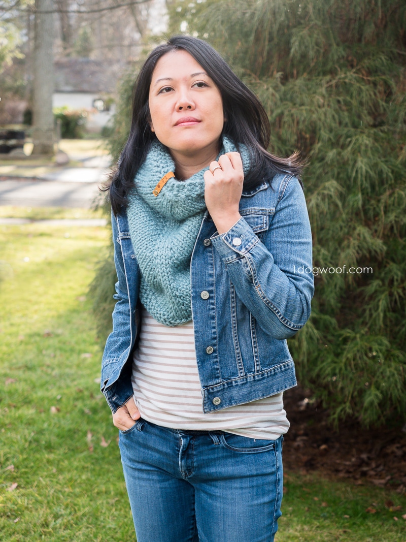 knit green-blue triangle shawl cowl with jean jacket