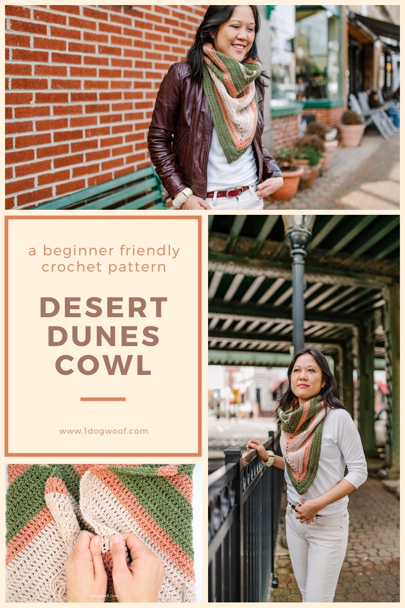 three photo collage of Desert Dunes crochet cowl pattern