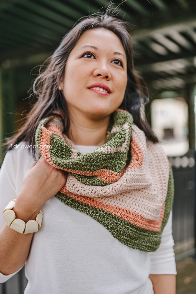 Wearing Desert Dunes crochet bandana cowl with no jacket